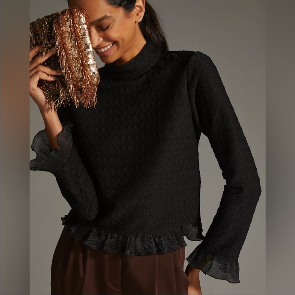 Blue Tassel Ruffled Turtleneck Pullover black Anthropologie